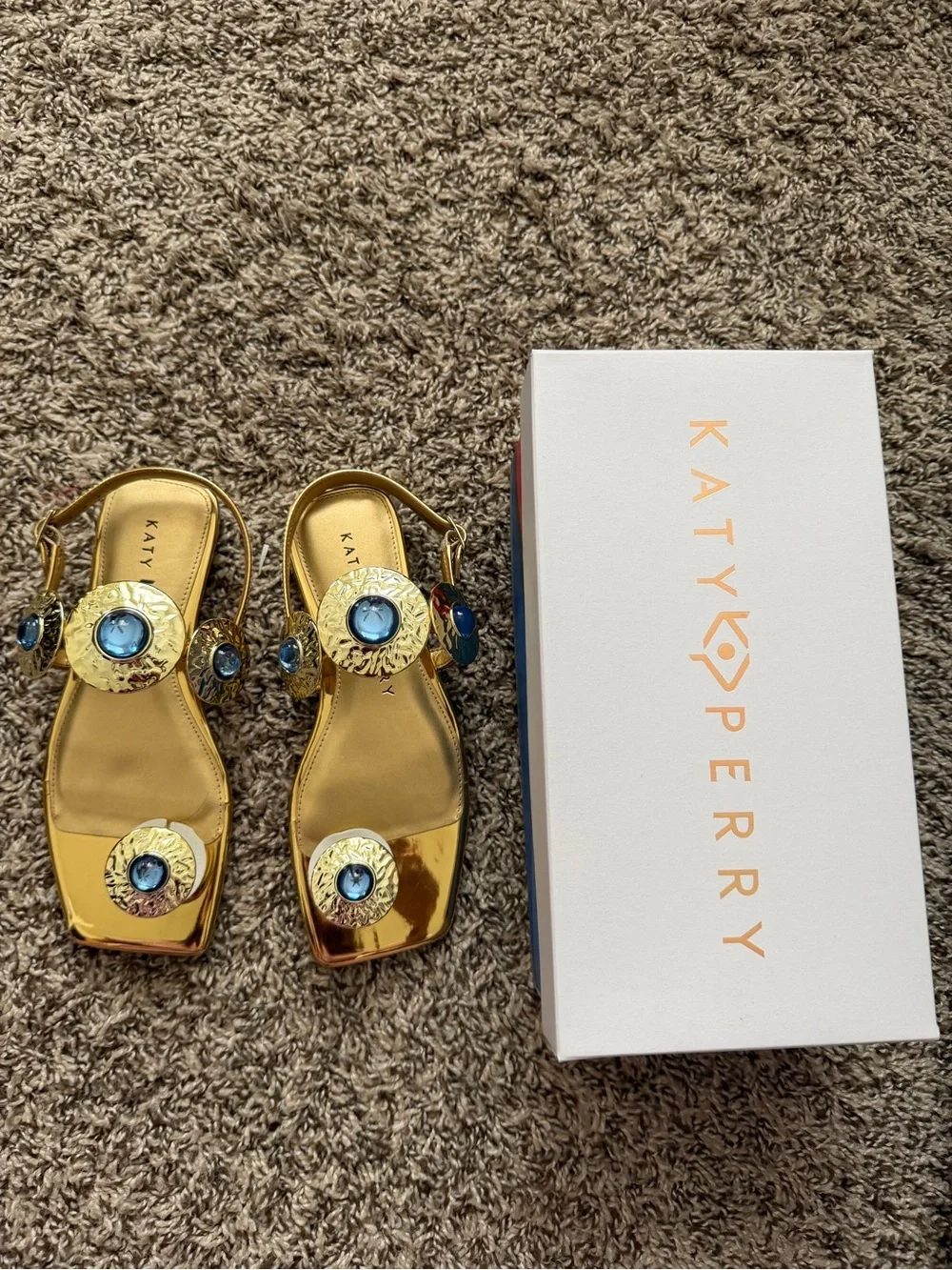Katy Perry Collections Gold Metallic Sandals with Blue Jewel Accents - Picture 8 of 10